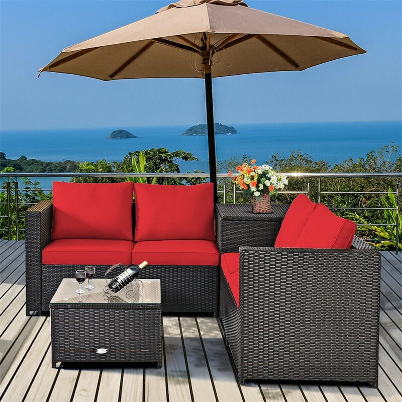 4-Piece Rattan Patio Furniture Set Outdoor Wicker Conversation Set with Storage Box, Coffee Table & Waterproof Cover