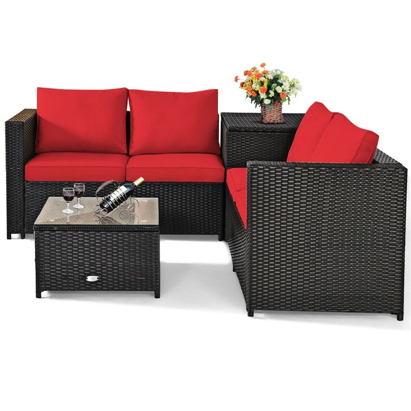 4-Piece Rattan Patio Furniture Set Outdoor Wicker Conversation Set with Storage Box, Coffee Table & Waterproof Cover