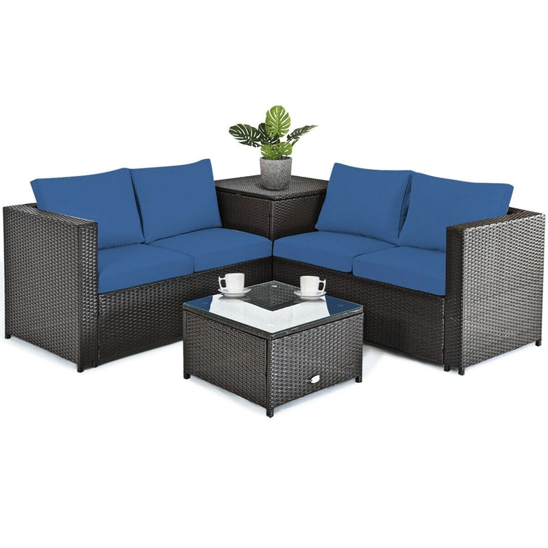 4-Piece Rattan Patio Furniture Set Outdoor Wicker Conversation Set with Storage Box, Coffee Table & Waterproof Cover