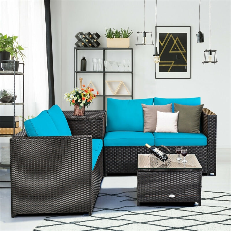 4-Piece Rattan Patio Furniture Set Outdoor Wicker Conversation Set with Storage Box, Coffee Table & Waterproof Cover