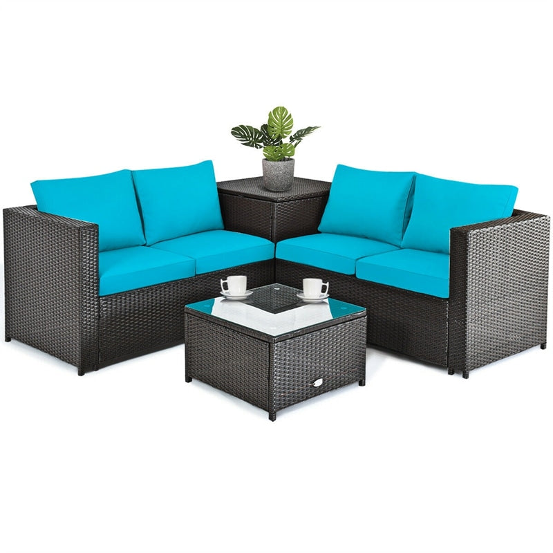 4-Piece Rattan Patio Furniture Set Outdoor Wicker Conversation Set with Storage Box, Coffee Table & Waterproof Cover