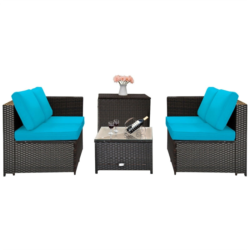 4-Piece Rattan Patio Furniture Set Outdoor Wicker Conversation Set with Storage Box, Coffee Table & Waterproof Cover