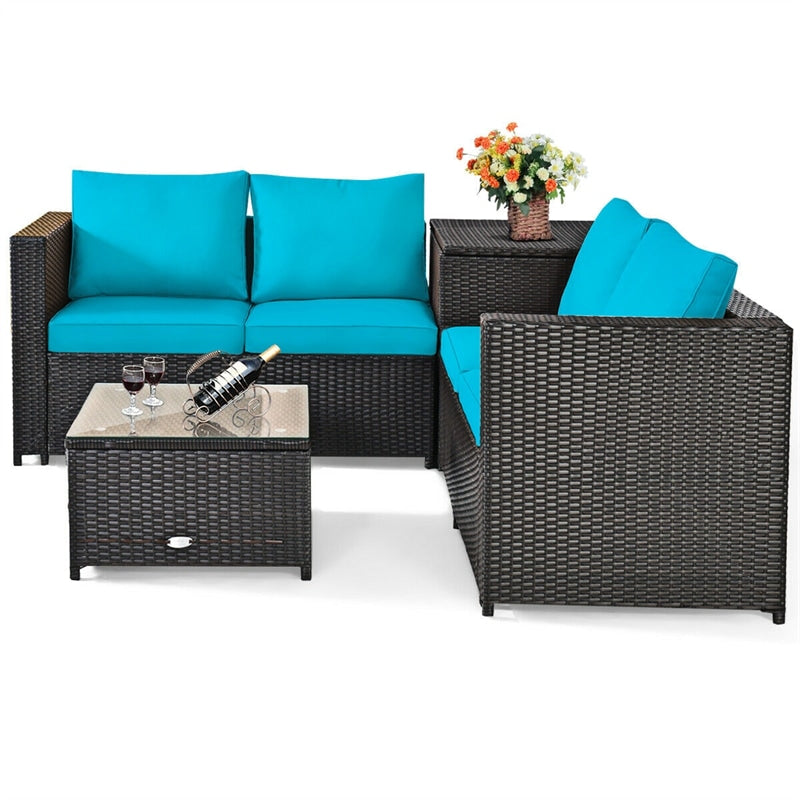 4-Piece Rattan Patio Furniture Set Outdoor Wicker Conversation Set with Storage Box, Coffee Table & Waterproof Cover