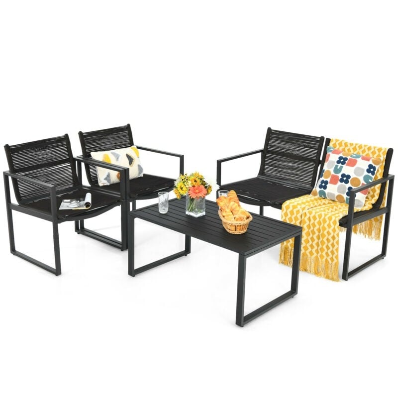 4 Piece Patio Furniture Set Steel Frame Outdoor Conversation Set with Sofa Loveseat, Coffee Table, Woven Rope Seat & Backrest for Garden Balcony Deck