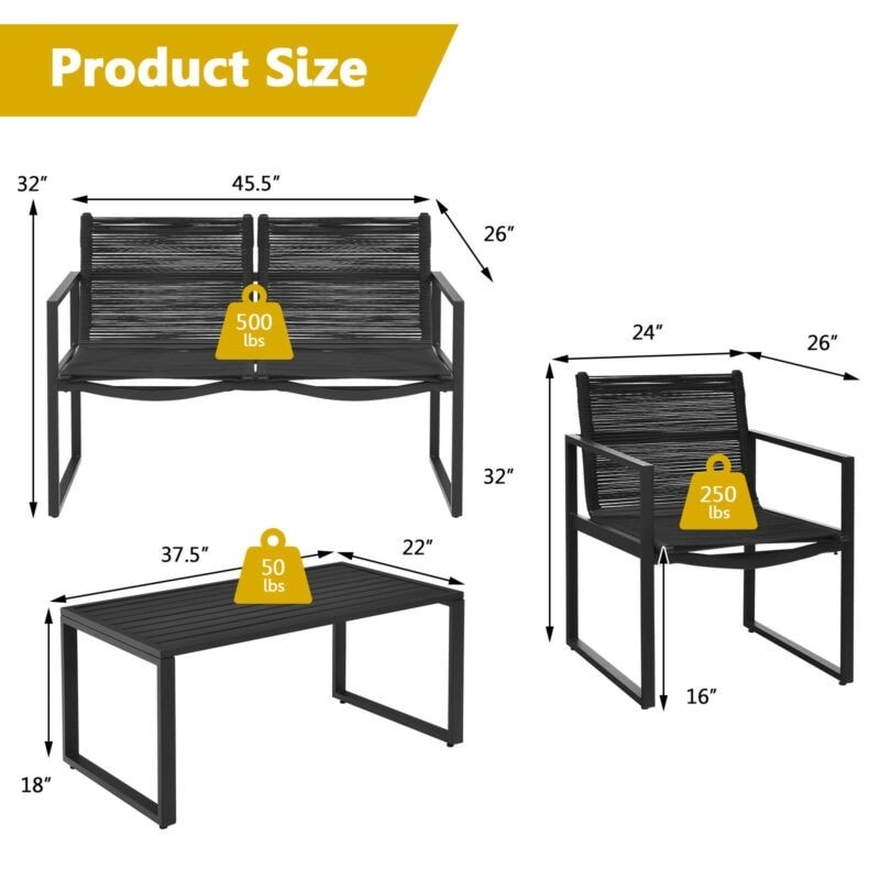 4 Piece Patio Furniture Set Steel Frame Outdoor Conversation Set with Sofa Loveseat, Coffee Table, Woven Rope Seat & Backrest for Garden Balcony Deck