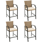 Patio Rattan Bar Stools Set of 4 Outdoor Wicker Counter Height Bar Chairs with Soft Cushions, High Backrests, Curved Armrests for Garden Poolside