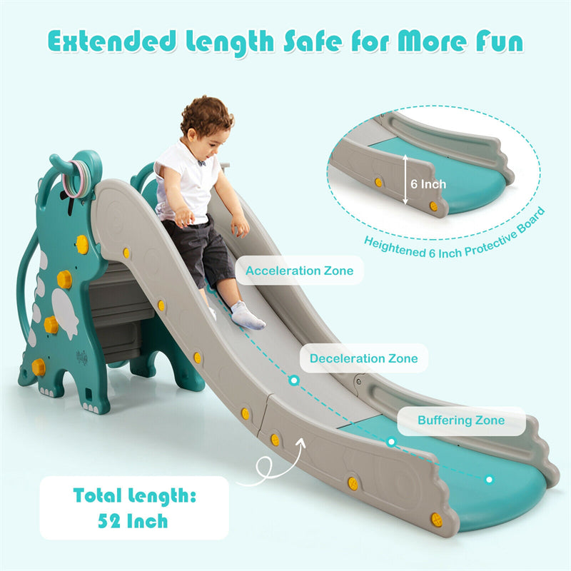 4-in-1 Toddler Climber Slide Playset with Long Slope, Basketball Hoop & Ring Toss, Indoor Outdoor Freestanding Slide for Kids Age 1-8