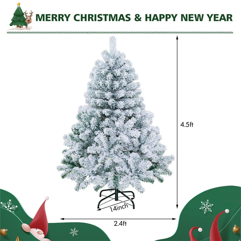 4.5FT Snow Flocked Christmas Tree Pre-Lit Hinged Artificial Tree with 150 LED Lights, 295 PVC Branch Tips & Folding Metal Stand for Holiday Decor