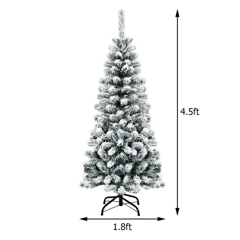 4.5FT Unlit Hinged Snow-flocked Artificial Pencil Christmas Tree with 242 Branch Tips