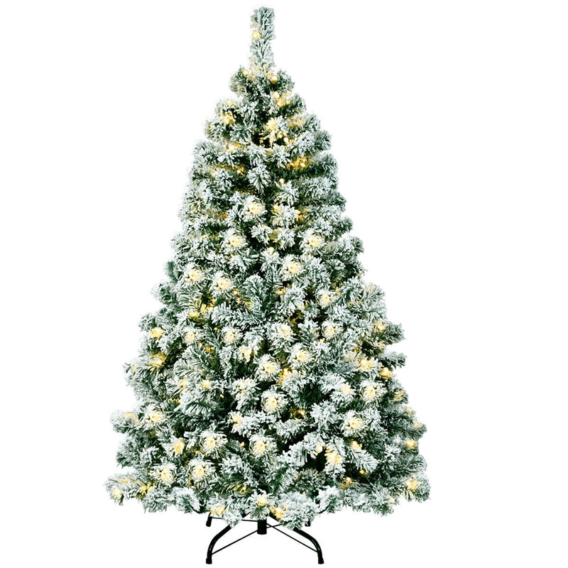 4.5ft Snow Flocked Artificial Christmas Tree Pre-Lit Hinged Xmas Tree with 200 LED Lights, 400 Branch Tips & Foldable Metal Stand for Holiday Decor