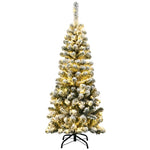 4.5ft Pre-lit Snow Flocked Artificial Pencil Christmas Tree with 150 LED Lights and Metal Stand