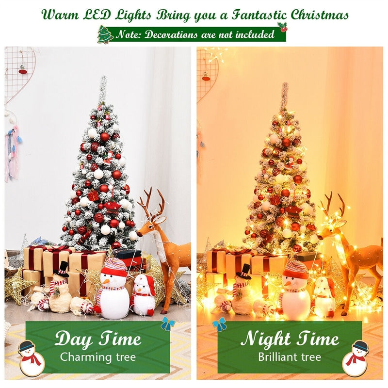 4.5ft Pre-lit Snow Flocked Artificial Pencil Christmas Tree with 150 LED Lights and Metal Stand