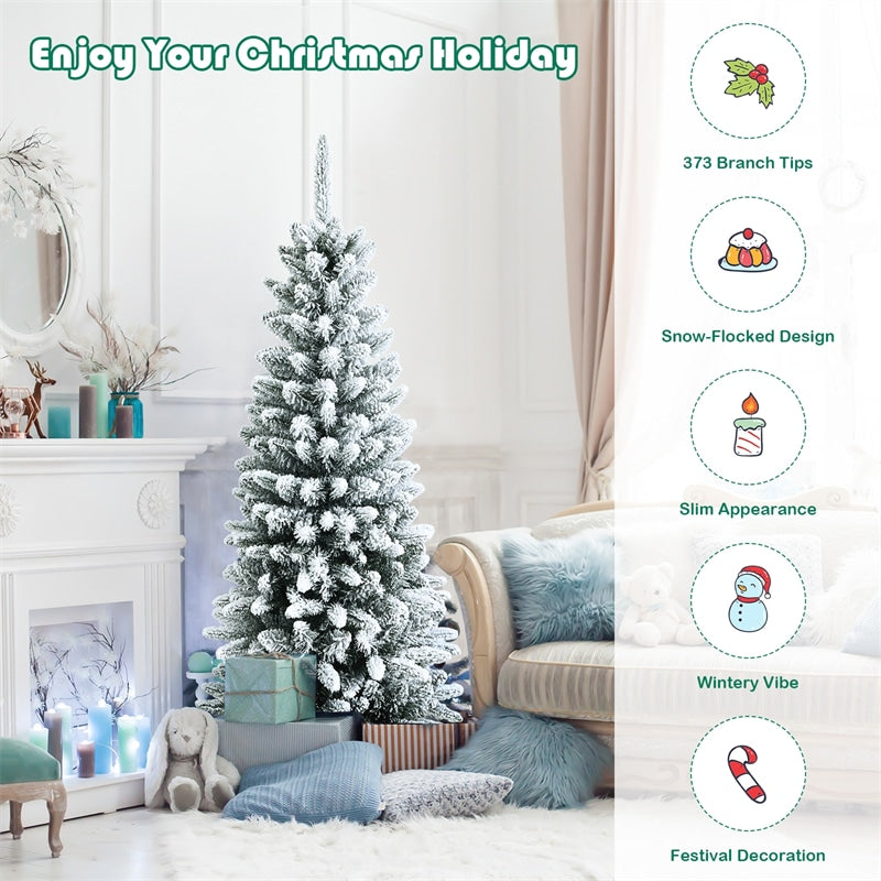 4.5ft Snow Flocked Pencil Christmas Tree Hinged Artificial Slim Xmas Tree with 373 Branch Tips & Metal Stand