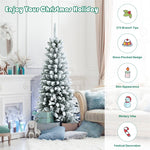 4.5ft Snow Flocked Pencil Christmas Tree Hinged Artificial Slim Xmas Tree with 373 Branch Tips & Metal Stand