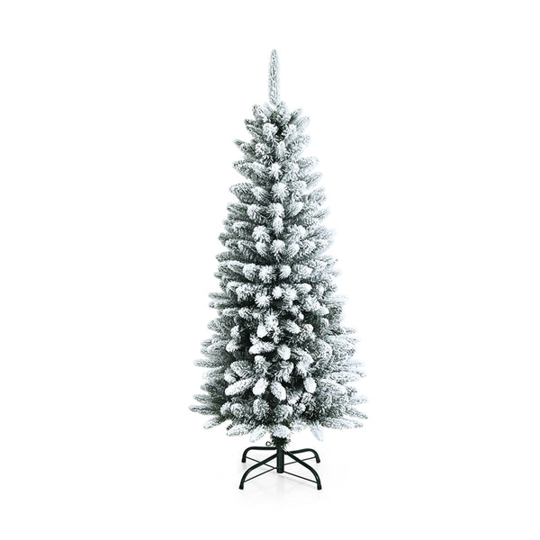 4.5ft Snow Flocked Pencil Christmas Tree Hinged Artificial Slim Xmas Tree with 373 Branch Tips & Metal Stand