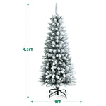 4.5ft Snow Flocked Pencil Christmas Tree Hinged Artificial Slim Xmas Tree with 373 Branch Tips & Metal Stand