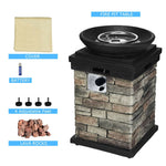 Patio Propane Firebowl Column, 40,000 BTU Outdoor Gas Fire Pit with Lava Rocks, Rain Cover, Faux Stone Fire Pit Table for Courtyard & Porch