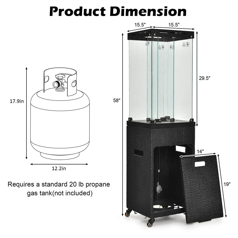 Glass Tube Propane Patio Heater 41,000 BTU Freestanding Outdoor Gas Heater with Protective Cover & Wheels