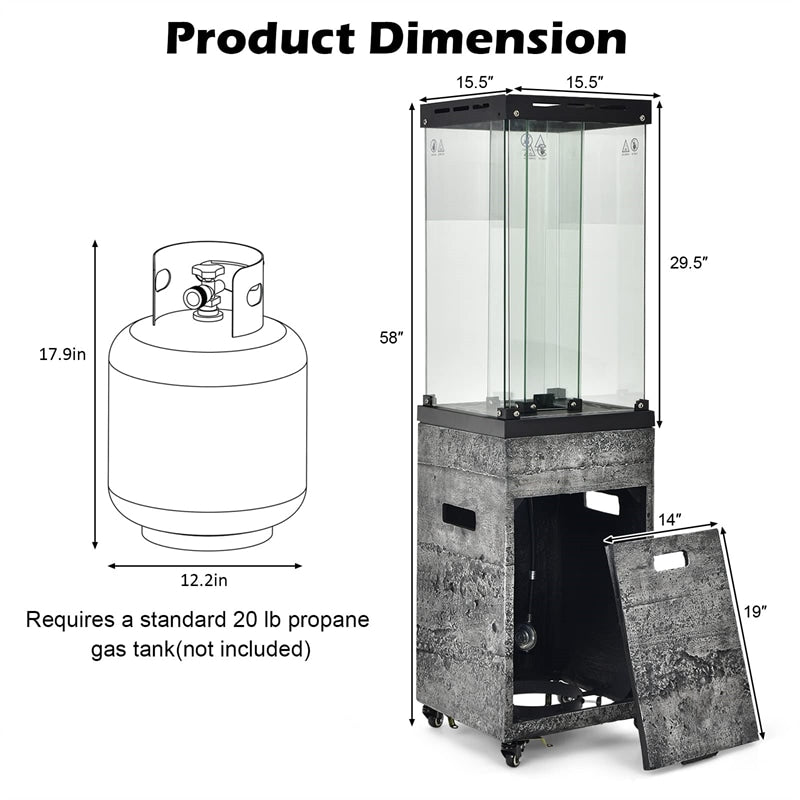 Glass Tube Propane Patio Heater 41,000 BTU Freestanding Outdoor Gas Heater with Protective Cover & Wheels