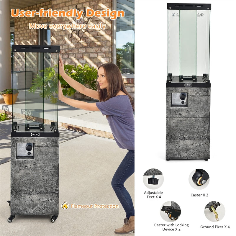 Glass Tube Propane Patio Heater 41,000 BTU Freestanding Outdoor Gas Heater with Protective Cover & Wheels