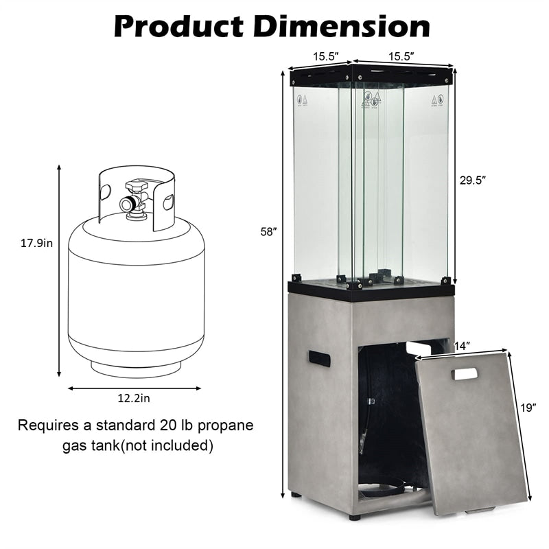 Glass Tube Propane Patio Heater 41,000 BTU Freestanding Outdoor Gas Heater with Protective Cover & Wheels