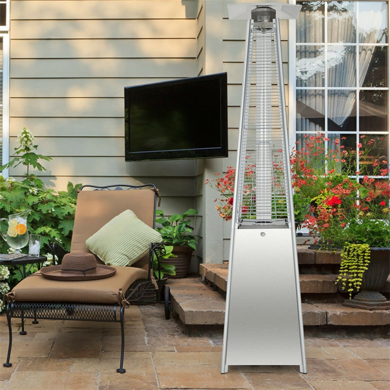 90" Tall Pyramid Patio Heater 42,000 BTU Stainless Steel Propane Outdoor Heater Quartz Glass Tube Flame with Wheels