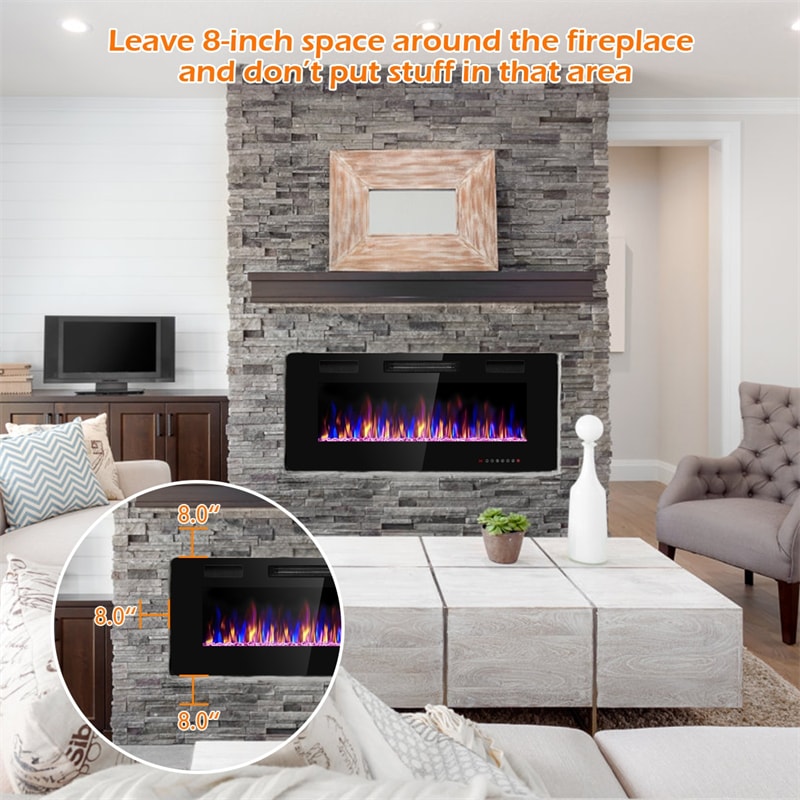 42" Recessed Electric Fireplace Ultra Thin Wall Mounted Fireplaces with Touch Screen Remote Control