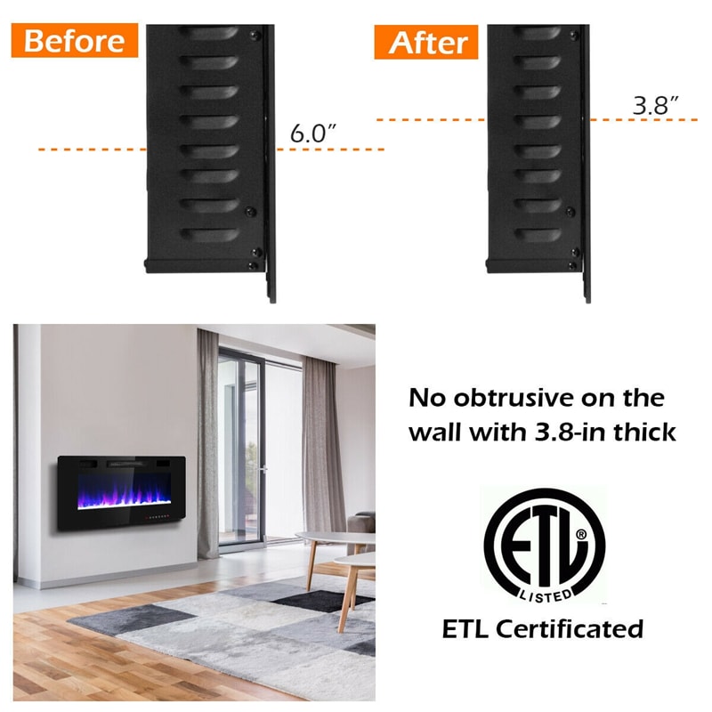 42" Recessed Electric Fireplace Ultra Thin Wall Mounted Fireplaces with Touch Screen Remote Control