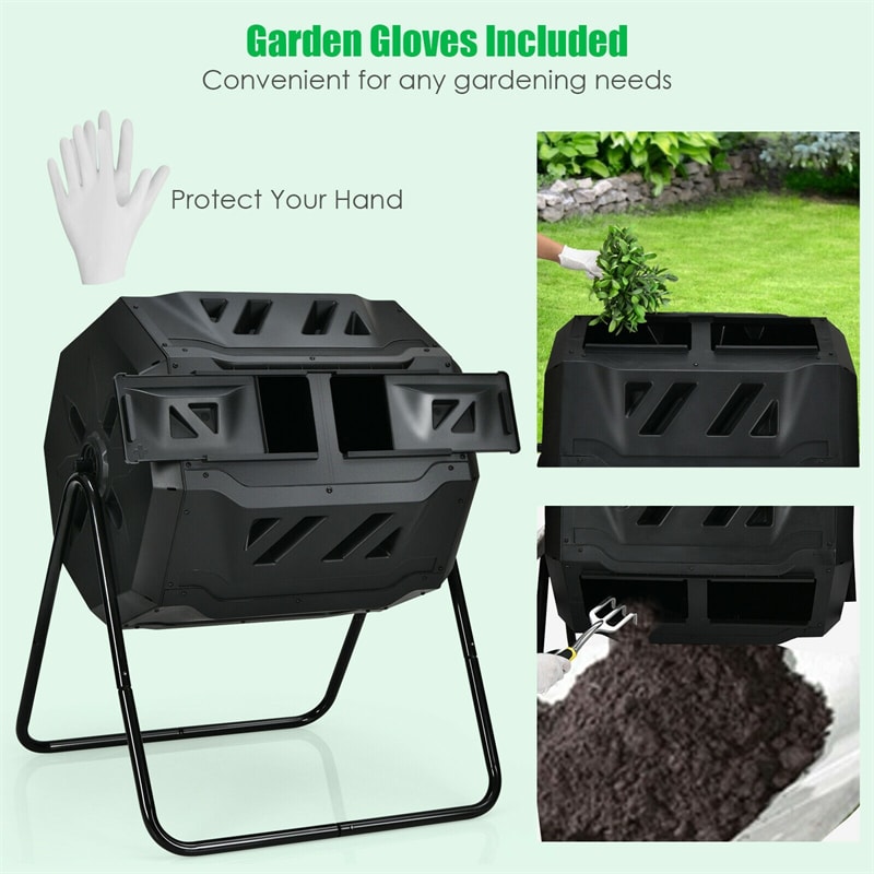 43 Gallon Outdoor Dual Rotating Chamber Compost Tumbler with Sliding Door & Gloves