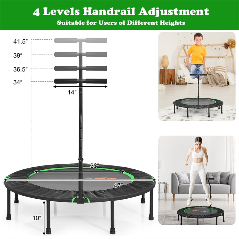 47" Mini Foldable Fitness Trampoline Rebounder Exercise with Adjustable Handrail Padded Cover