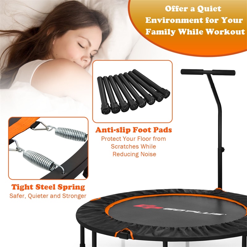 47" Mini Foldable Fitness Trampoline Rebounder Exercise with Adjustable Handrail Padded Cover