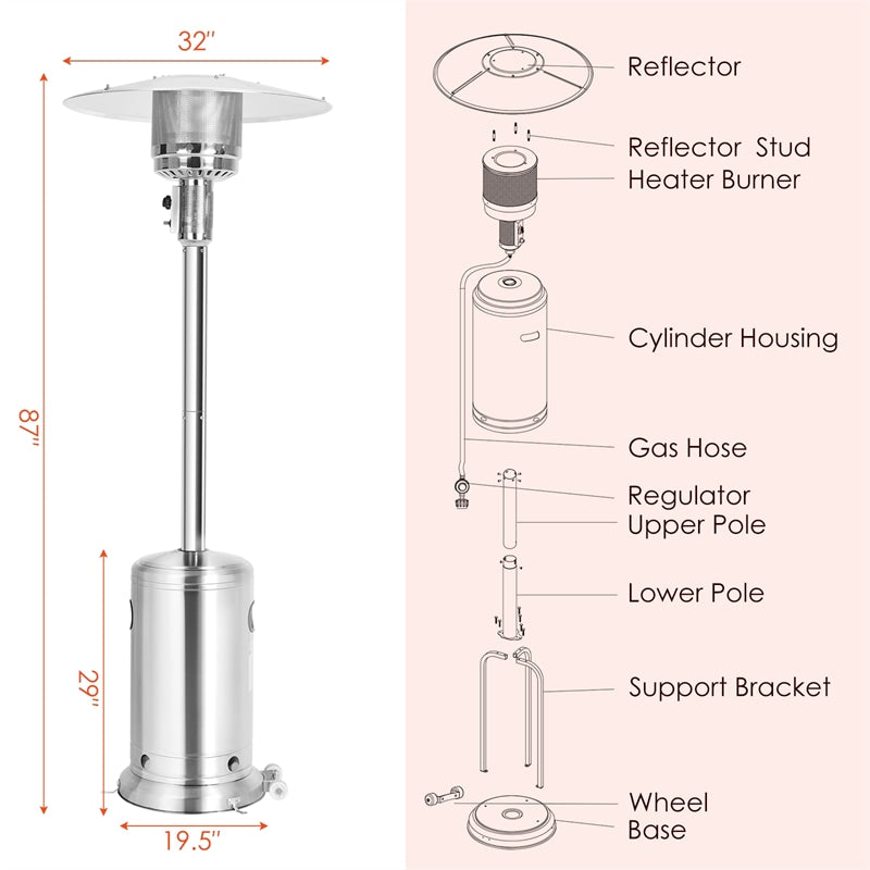 Propane Patio Heater 50,000 BTU Stainless Steel Standing Gas Outdoor Heater with Wheels