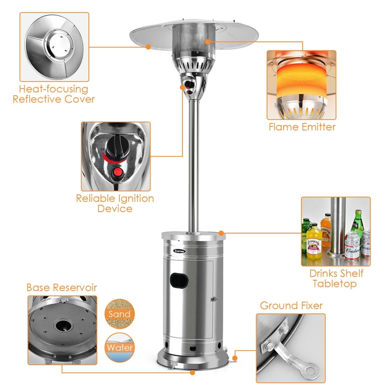 48000 BTU Stainless Steel Patio Heater with Simple Ignition System and Wheels