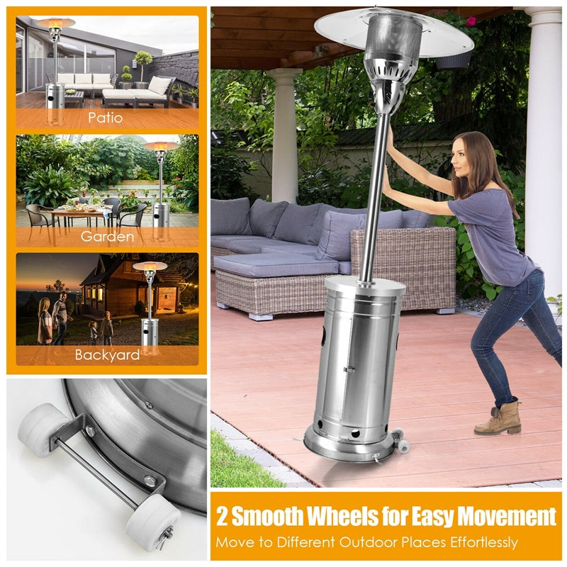 48,000 BTU Propane Patio Heater, Stainless Steel Outdoor Heater with Tip-Over & Flameout Protection, Easy Ignition, Portable Standing Heater On Wheels