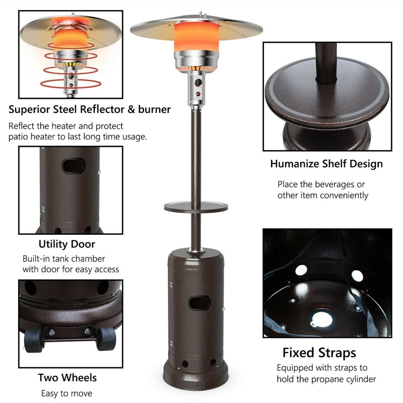 50,000 BTU Propane Patio Heater, Portable Standing Outdoor Heater w/ Wheels, Shelf Tabletop, Easy Ignition, Auto Shut Off & Tip-Over Protection