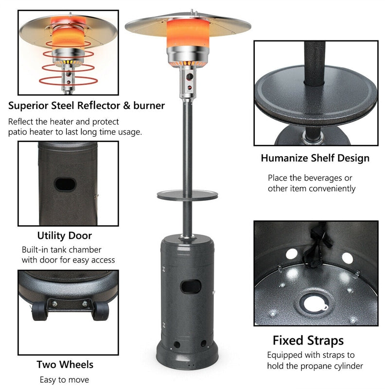 50,000 BTU Propane Patio Heater, Portable Standing Outdoor Heater w/ Wheels, Shelf Tabletop, Easy Ignition, Auto Shut Off & Tip-Over Protection