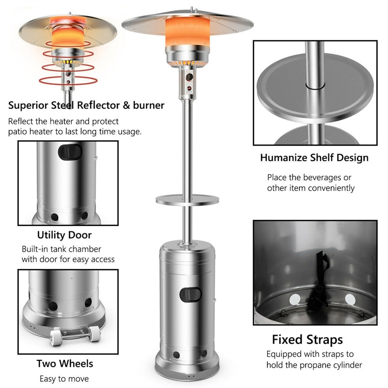 50,000 BTU Propane Patio Heater, Portable Standing Outdoor Heater w/ Wheels, Shelf Tabletop, Easy Ignition, Auto Shut Off & Tip-Over Protection