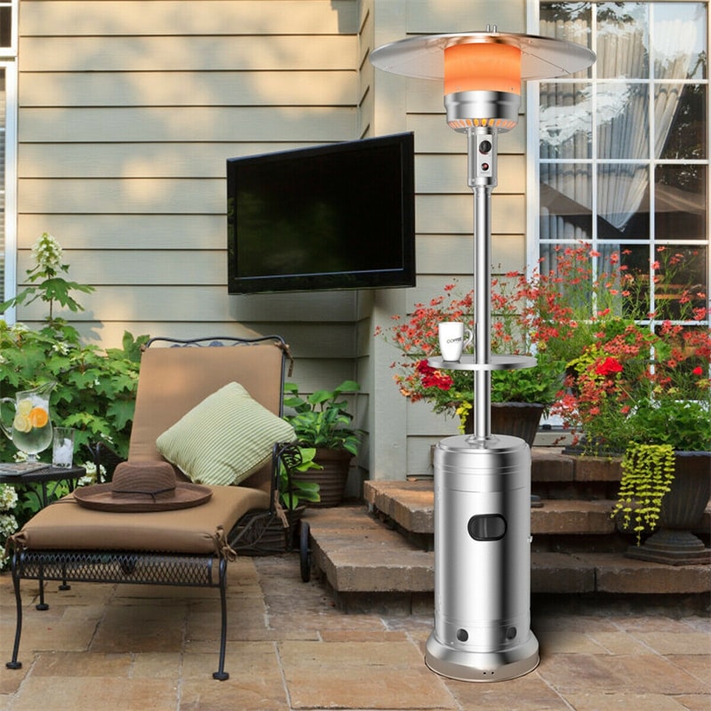 50,000 BTU Propane Patio Heater, Portable Standing Outdoor Heater w/ Wheels, Shelf Tabletop, Easy Ignition, Auto Shut Off & Tip-Over Protection