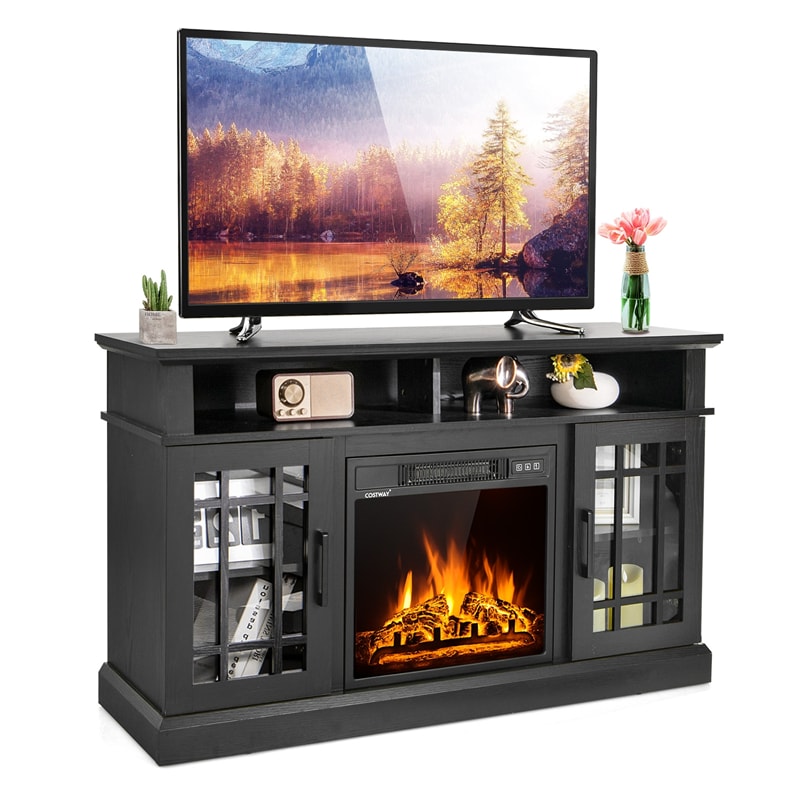 48" Fireplace TV Stand for TVs up to 50", Wood Entertainment Center TV Console with 18" Electric Fireplace, Adjustable Shelves, Remote Control