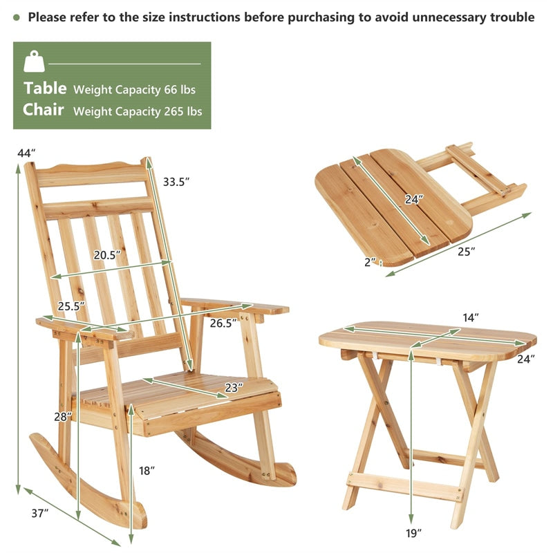 4 Piece Outdoor Rocking Chairs & Table Set, Solid Wood Patio Rockers with 2 Folding Side Tables, Rocking Bistro Set for Garden Porch Backyard