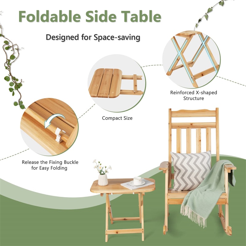 4 Piece Outdoor Rocking Chairs & Table Set, Solid Wood Patio Rockers with 2 Folding Side Tables, Rocking Bistro Set for Garden Porch Backyard