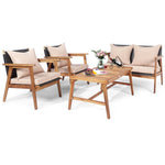 4 PCS Rattan Patio Chat Set Acacia Wood Coffee Table Chair Set with Seat Back Cushions