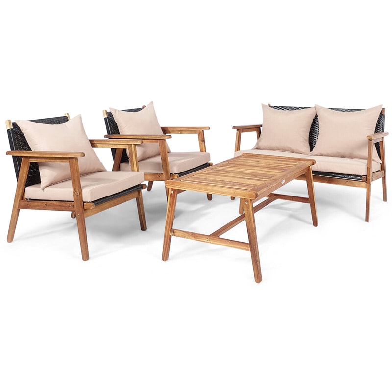 4 PCS Rattan Patio Chat Set Acacia Wood Coffee Table Chair Set with Seat Back Cushions