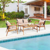 4 PCS Rattan Patio Chat Set Acacia Wood Coffee Table Chair Set with Seat Back Cushions