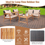 4 PCS Rattan Patio Chat Set Acacia Wood Coffee Table Chair Set with Seat Back Cushions