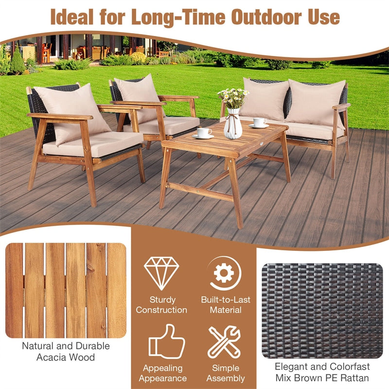 4 PCS Rattan Patio Chat Set Acacia Wood Coffee Table Chair Set with Seat Back Cushions