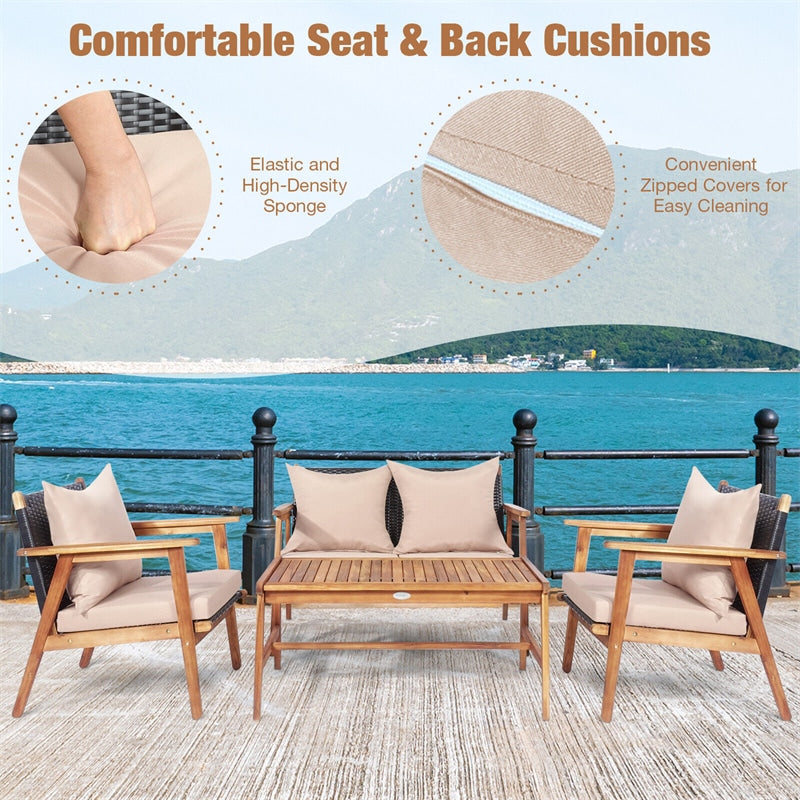 4 PCS Rattan Patio Chat Set Acacia Wood Coffee Table Chair Set with Seat Back Cushions