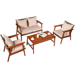 4 PCS Rattan Patio Chat Set Acacia Wood Coffee Table Chair Set with Seat Back Cushions