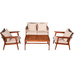 4 PCS Rattan Patio Chat Set Acacia Wood Coffee Table Chair Set with Seat Back Cushions