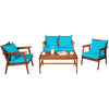 4 PCS Rattan Patio Chat Set Acacia Wood Coffee Table Chair Set with Seat Back Cushions